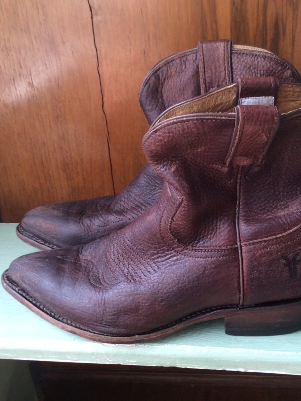 FRYE Women's Distressed Brown Leather Cowboy Ankle Boots, 9B - Picture 4 of 12